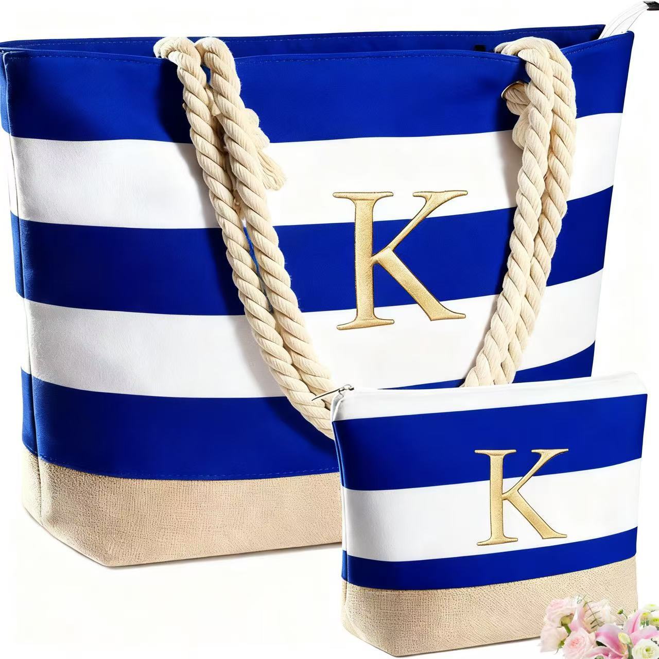 Waterproof Cross-Border Striped Beach Bag, Cotton Rope Handbag, Shoulder Bag, Travel Bag, Large Capacity Mother-Daughter Bag, Tote Bag, Lightweight