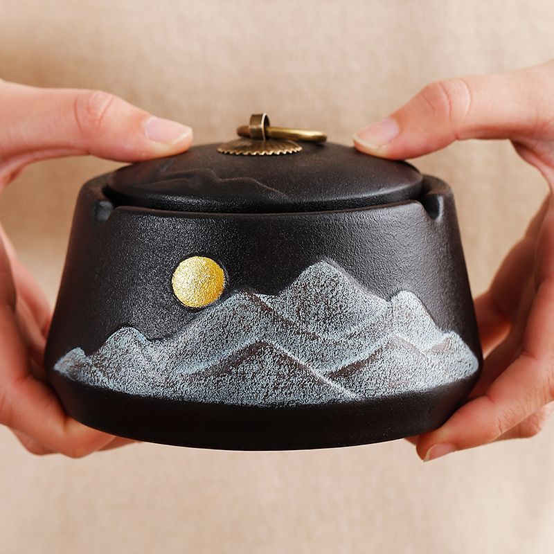 Легкий люксовый пепельница черной керамики, креативная сигаретная чаша для B&B отеля, домашняя гостиная, столик для чая, ветрозащитная пепельница с крышкой