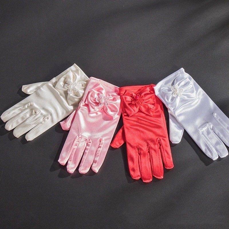 Popular Children's Short Five-Finger Gloves White Powder Rice Red Ding Stretch Satin Cute Bow Gloves