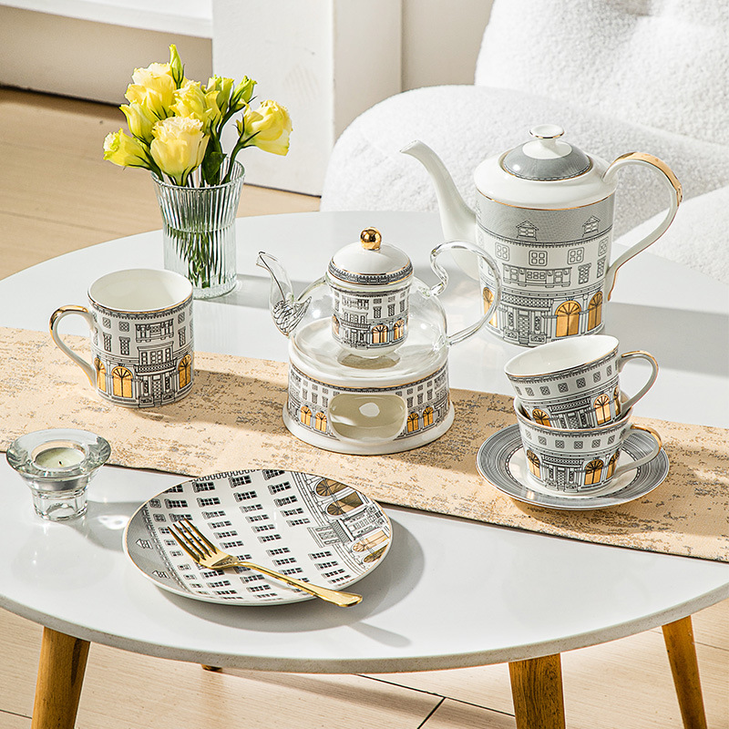 Ceramic Flower Teapot suit Candle Holder Heating Glass Boiling Teapot Fruit Pot Nordic Light Luxury Afternoon Flower Tea Set