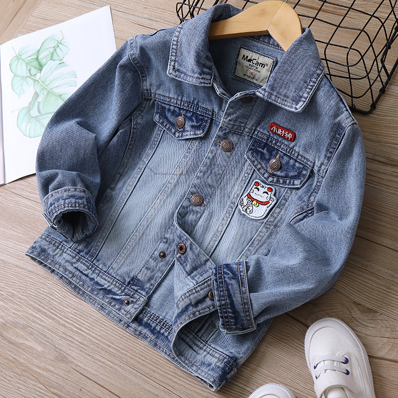 Cm-096 Bring in Wealth and Treasure Cat Patch Medium and Large Boys Denim Jacket 2021 Spring New Children's Clothing Children's Jacket