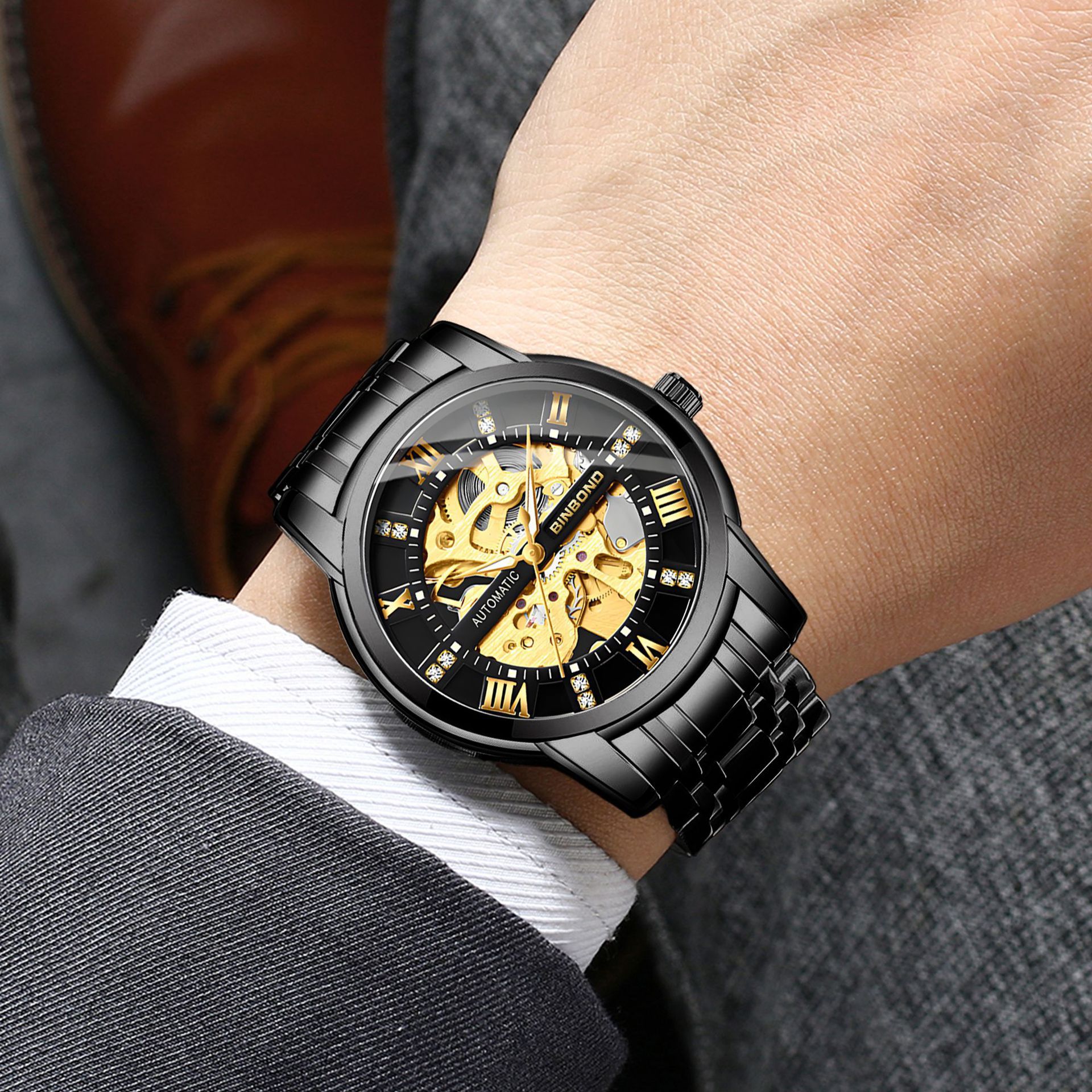 Binbond Binbang Cut Out Watch Fully Automatic Mechanical Watch Luminous Fashion Steel Belt Men's Waterproof Quartz Watch