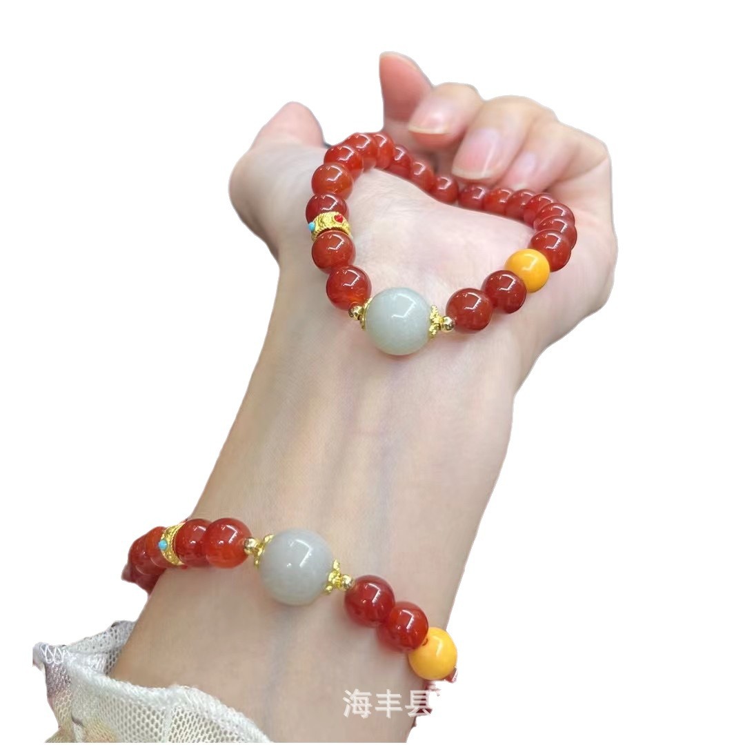 Natural Red Agate Bracelet Southern Red Bracelet Hetian Jade Beeswax Ancient Gold Summer Fashion Birthday Gift Live