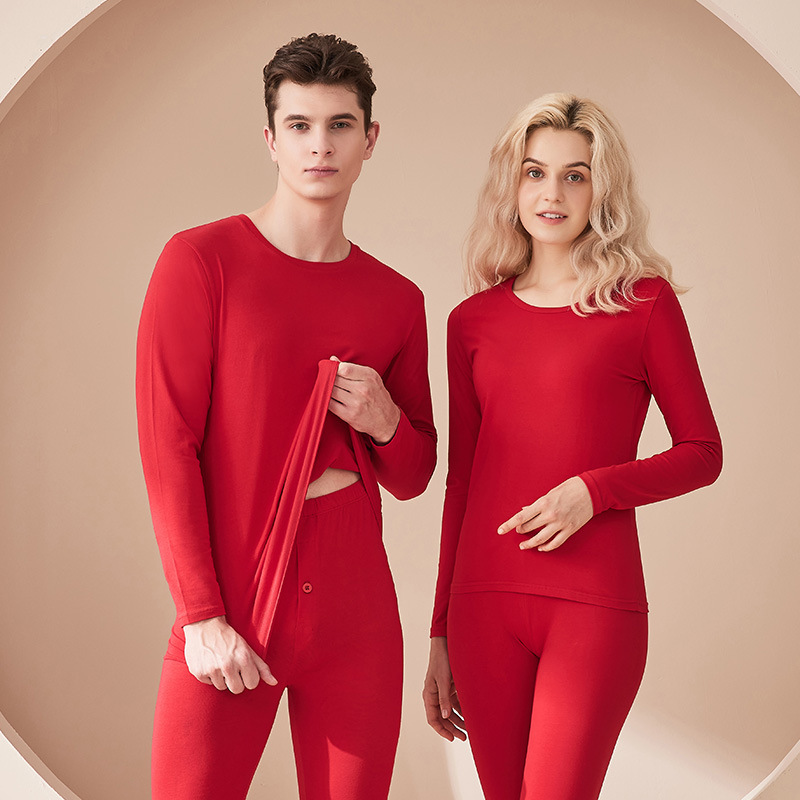 Ярко-Красный Праздничный Комплект Термобелья для Пары, Обтягивающая Теплая Осеннее Одежда и Брюки, Круглый Вырез, Утолщенный и Теплый