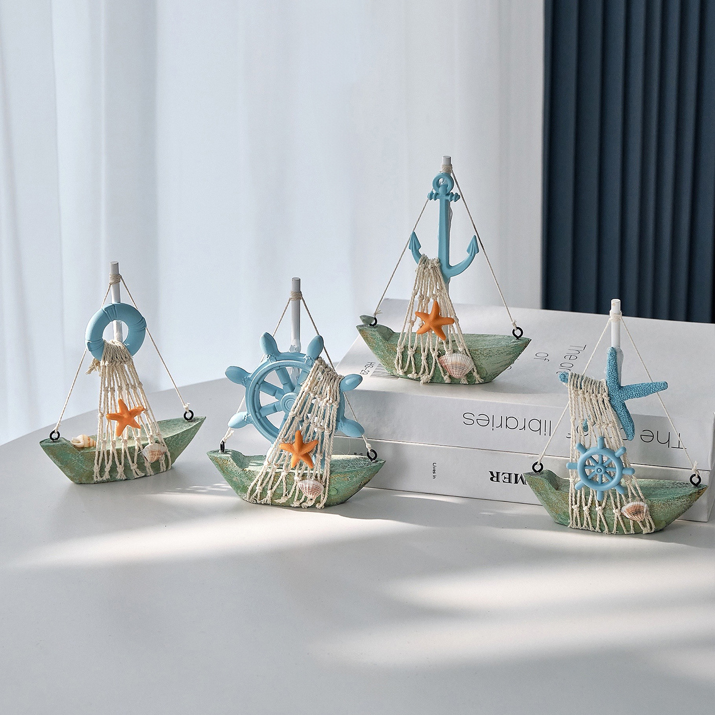 Mediterranean Style Retro Wooden Sailing Ship Anchor Helmsman Boat Starfish Lifebuoy Boat Model Ornament Decoration