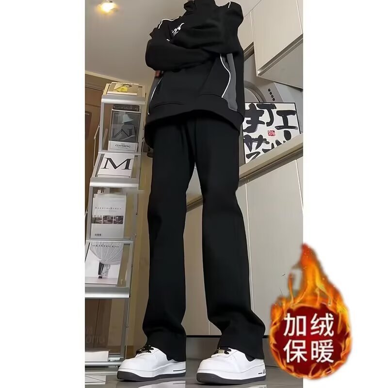 Осенние и зимние брюки для мужчин черного цвета с флисовой подкладкой, с завышенной талией, американского стиля, прямые, с подъемом в области паха