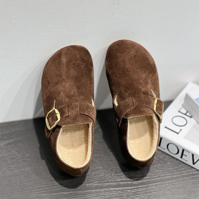 Frosted Cowhide 2025 Winter New Korean Style Fashionable Versatile Fleece-Lined Birkenstock Shoes Soft Sole Soft Bun Toe Shoes