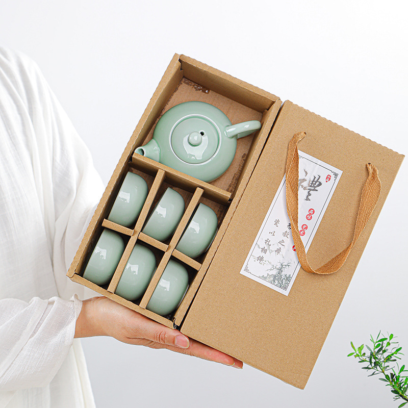 Celadon Xiaoyu One Pot and Six Cups Tea Set Set for Home Simple Portable Gift Event Souvenir Can Be Printed with Logo