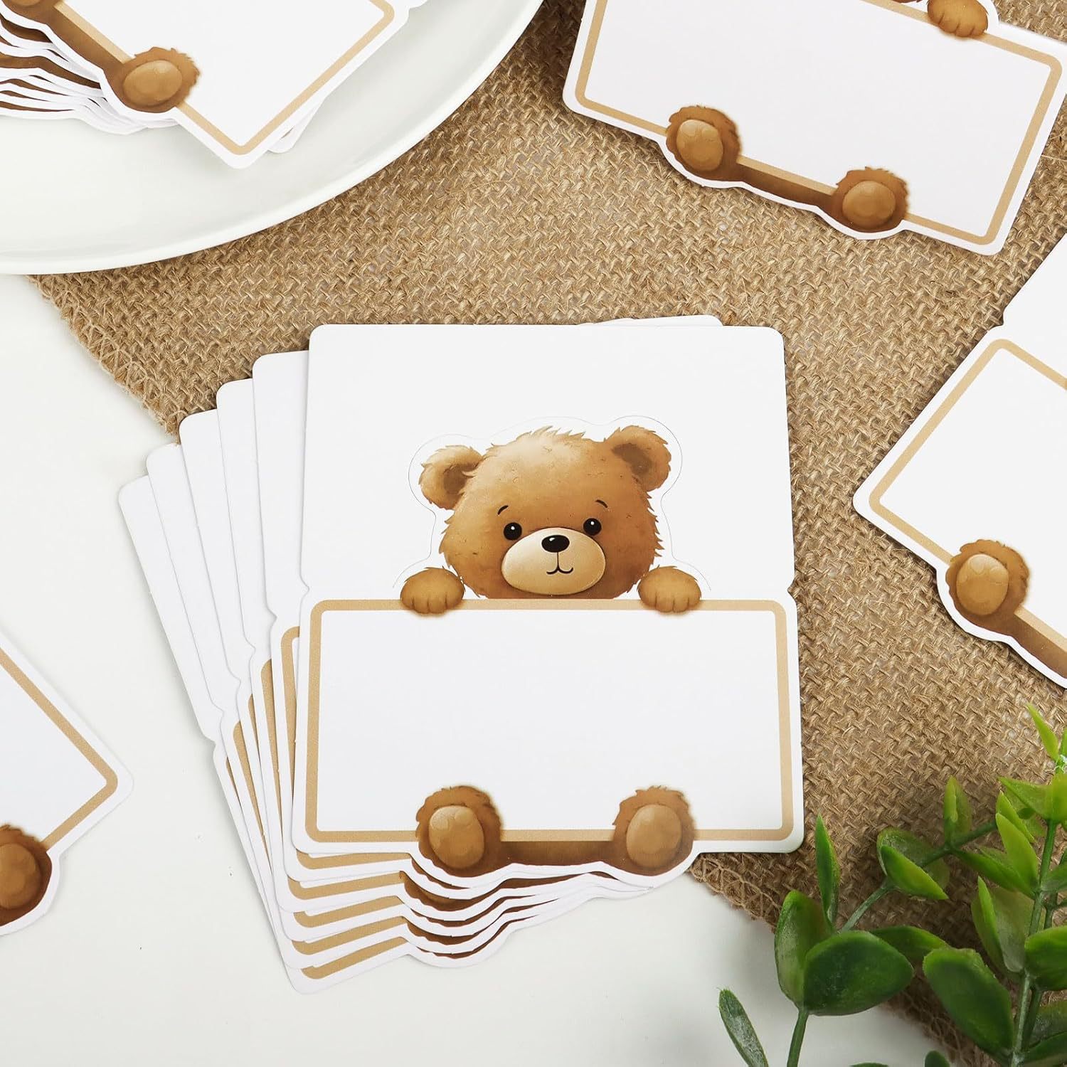 Bear Table Setting Cards, Playful Brown Teddy Bear Foldable Card Tent and Blank Name Cards