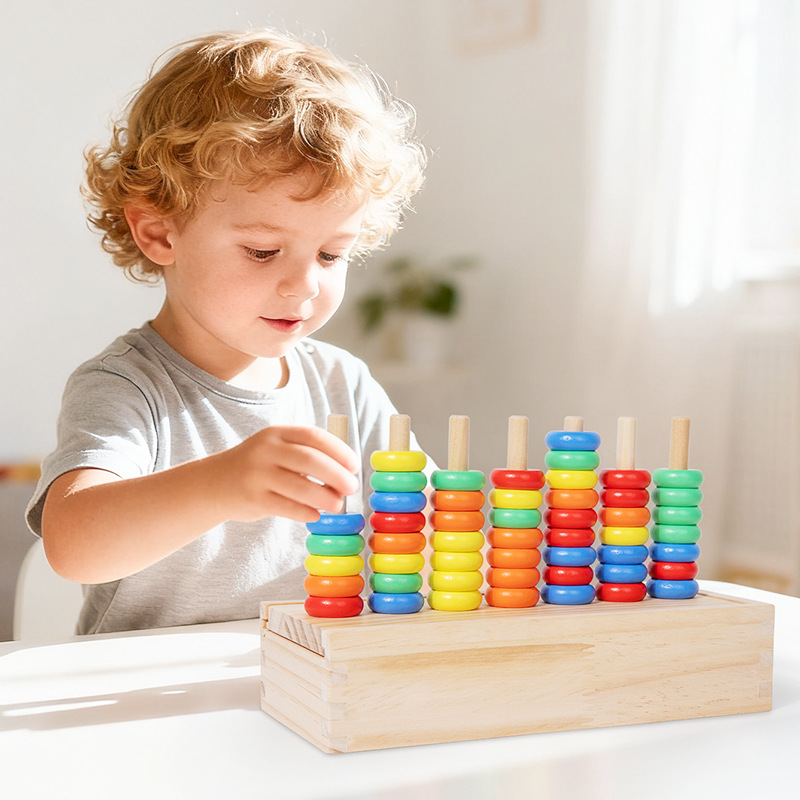 Wooden Colorful Ring Set Column Color Classification Sorting Cognitive Hand-Eye Coordination Fun Jenga Educational Toy