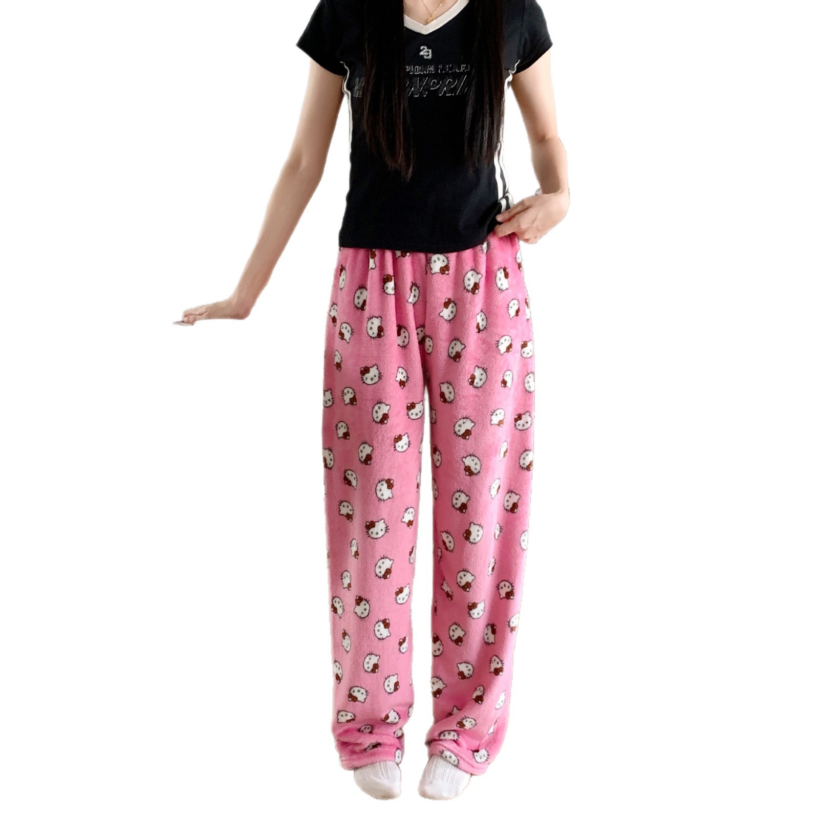 New Cartoon Flannel Korean Style Pajamas for Women in Autumn and Winter Coral Velvet Thickeneded Warm Casual Home Pants That Can Be Worn Outside