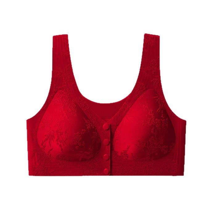 Beautiful Home-Style Front-Opening Bra, Traditional Chinese Style Embossed Jacquard, Wireless, Easy to Put on and Take Off, Seamless, Red Underwear for Mothers