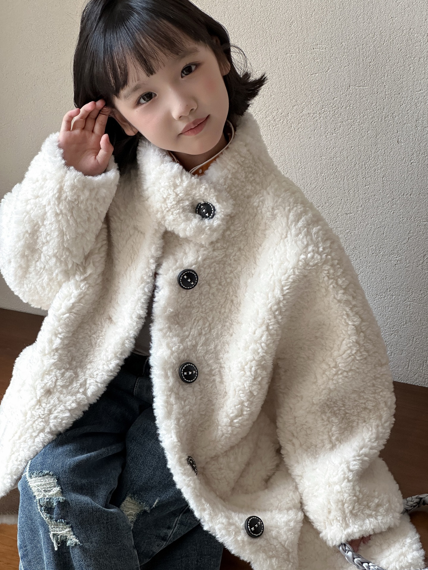 Korean Style Autumn and Winter New Kidsren's Fur Outwear Imitation Wool Fur All-In-One Outwear Mid-Length Medium and Large Kidsren's Thick Stand Collar