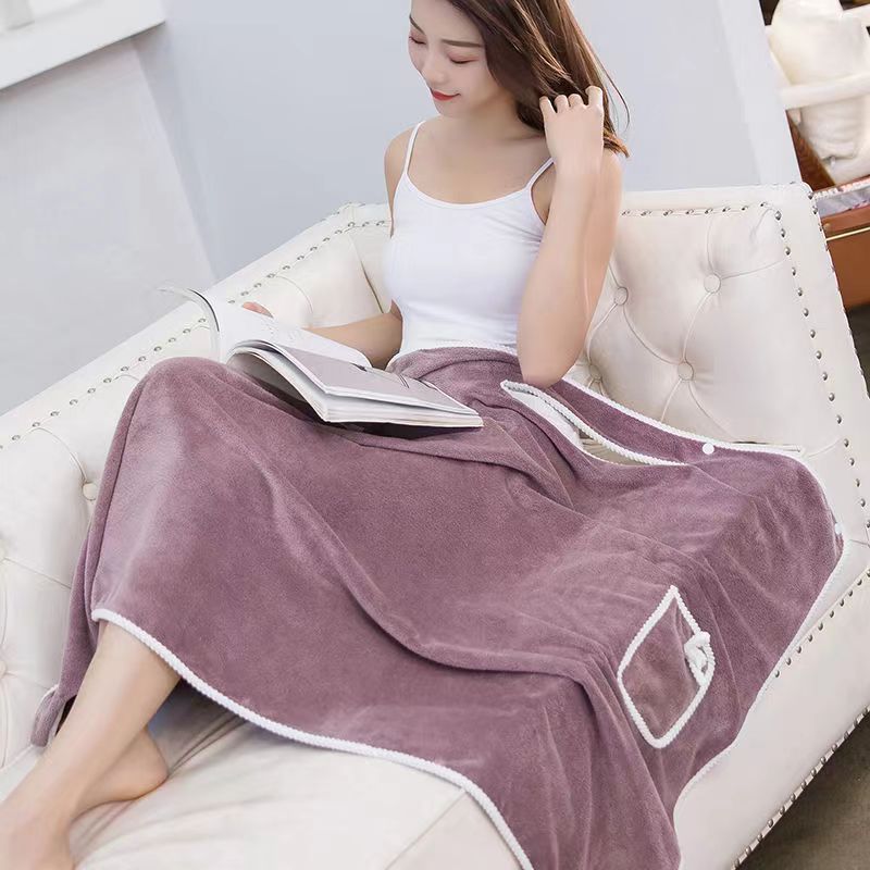 Women's Bath Skirt Coral Velvet Bathrobe Thickened Bath Towel Wearable Bow Pocket Suspender Bath Skirt