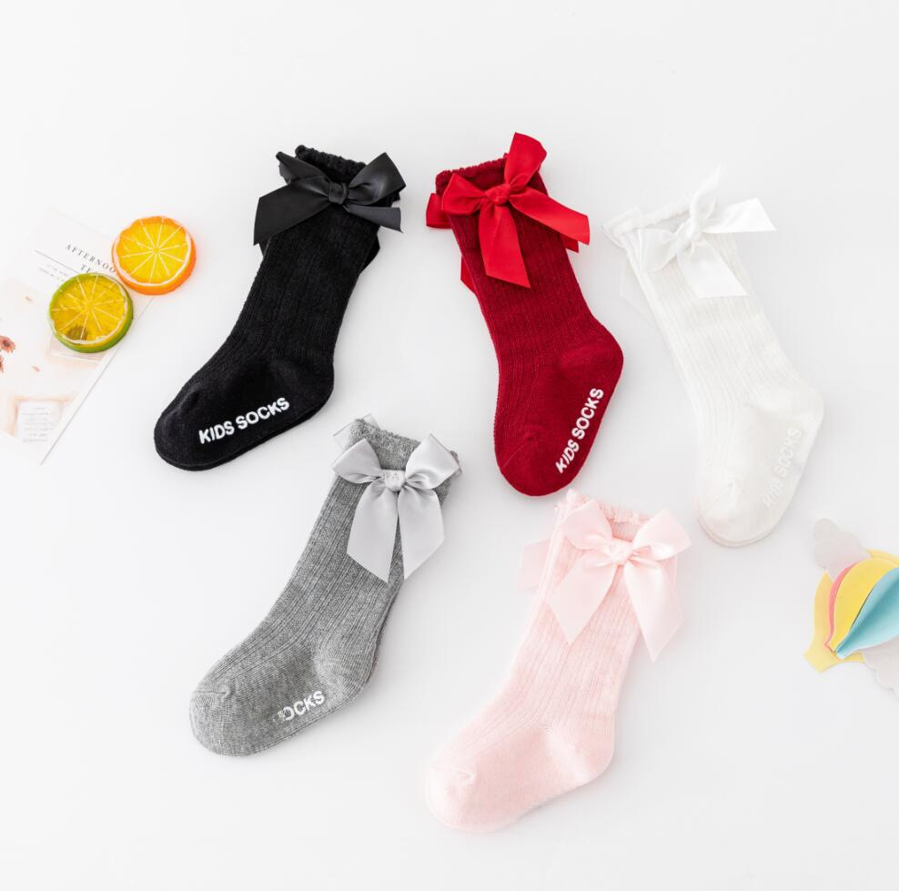 New Pure Color Stripesd Stockings for Boys and Girls, Pure Cotton Non-Slip Bubble Mouth Baby Bow Mid-Calf Socks Wholesale