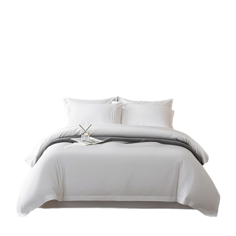 Hotel Linen Satin Four-Piece Set, Guesthouse and B&B All-Cotton Bedding, White Ribbed Bed Sheet, Fitted Sheet, Duvet Cover