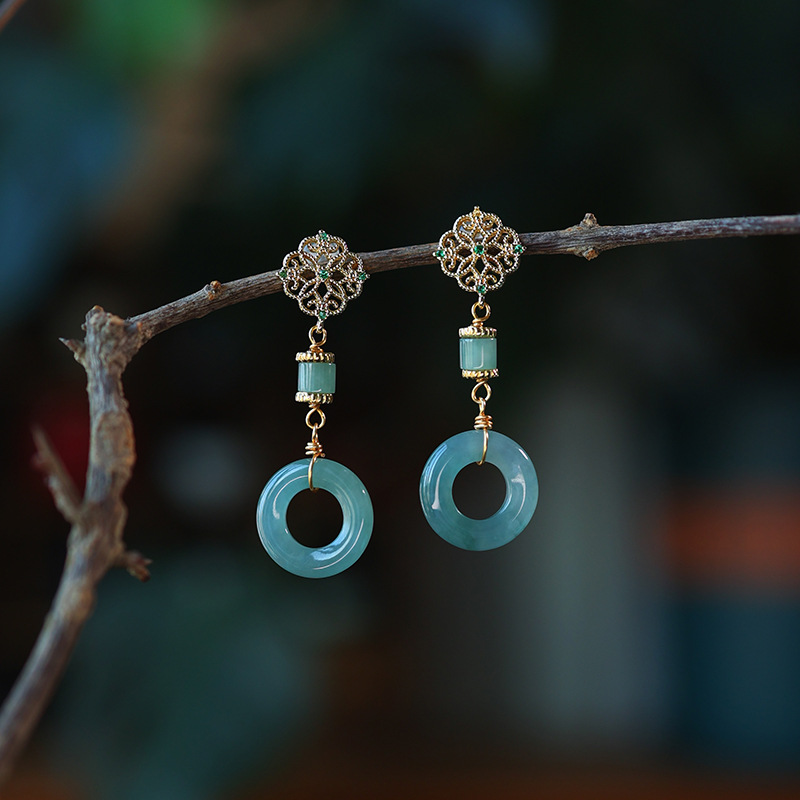 Guatemala Blue Water a Goods Natural Jade Earrings Earrings Safety Buckle Hazardous Material Simple Fashion 14K Gold Injection Earrings