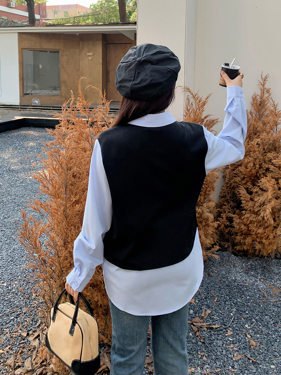 Double Day Plus Size Fat Girl Slimming Look Design Fake Two-Piece Vest Shirt Women's Polo Collar Long-Sleeved Top 8693