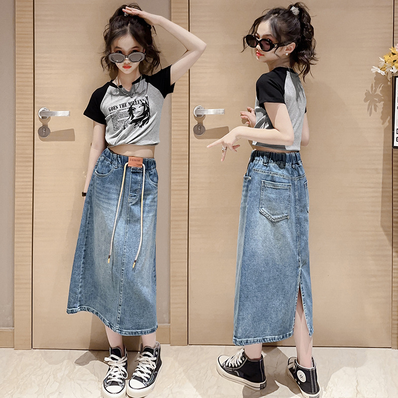 Outer Wholesale Girls Denim Skirt Summer New Korean Style Western Style Casual Denim Skirt for Older Girls Mid-Length