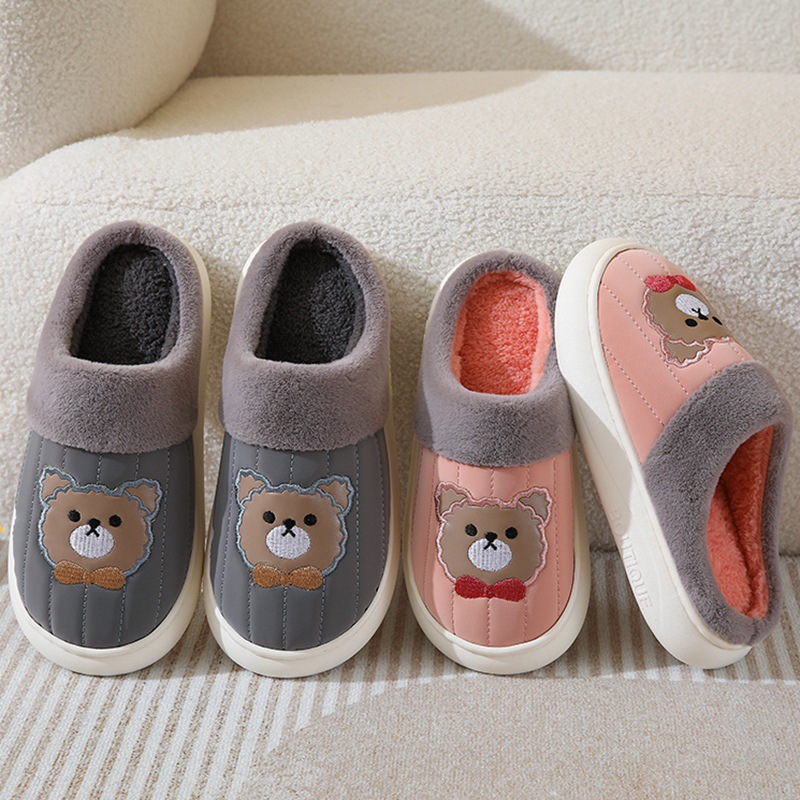 Cotton Slippers Women's Autumn and Winter PU Leather Waterproof Home Warm Non-slip Thickened Indoor Couple's New Maomao Slippers for Men