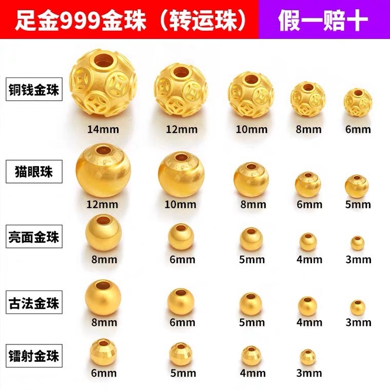 Gold 999 Pure Gold Small Gold Beads Ancient Method 3D Hard Gold Transfer Pearlescent Surface Loose Beads Round Beads Separated Beads DIY Bracelet