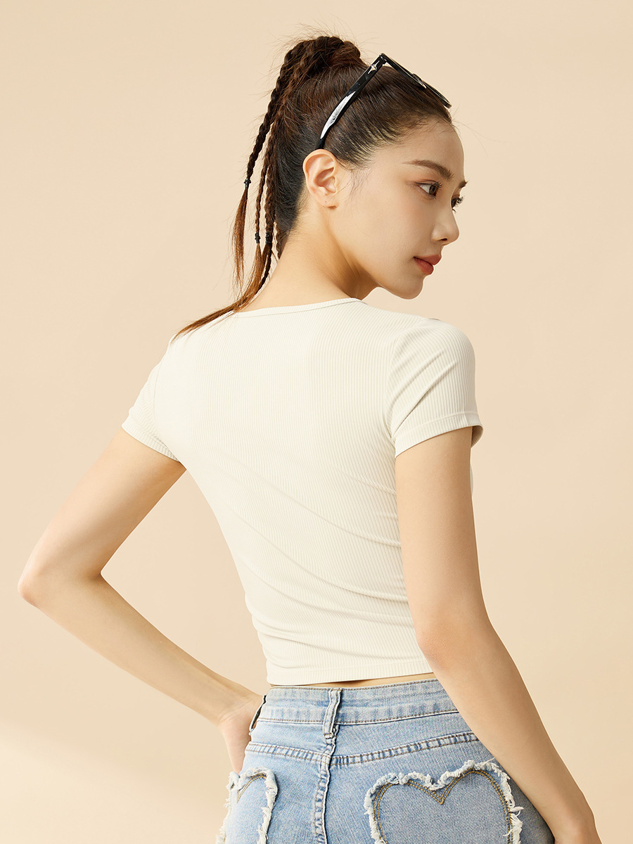 Juyitang New Striped Yoga Short-Sleeved, Breathable, Versatile, Slimming, High-Elastic Sports Short-Sleeved