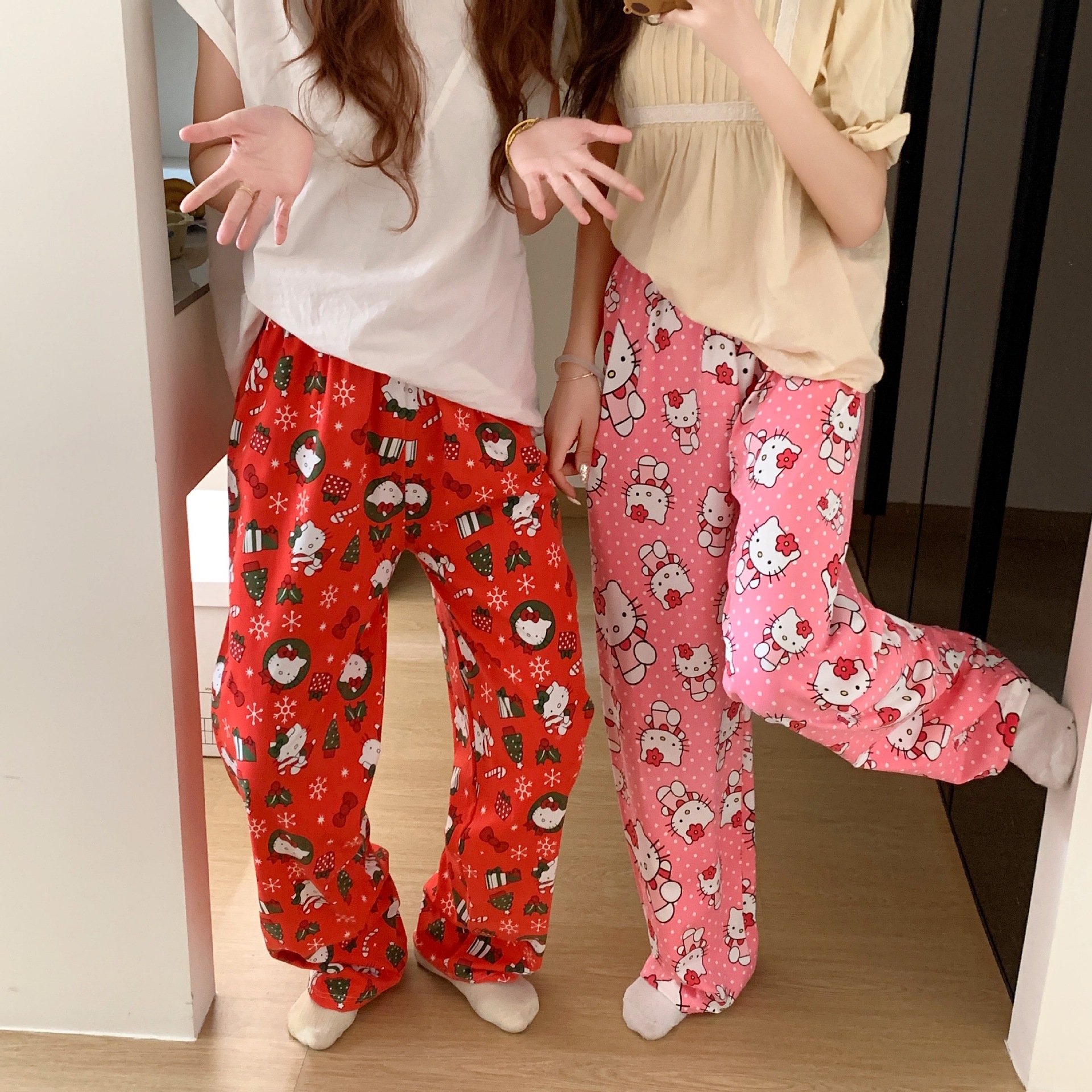 Пижамные брюки с мультяшным котом, свободного кроя, корейский стиль, для женщин, домашние, длинные брюки, комплект для подруги