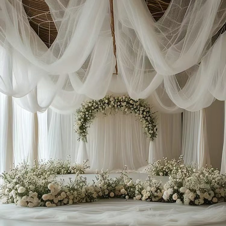 Белая свадебная газовая сетка, фея тумана, оформление потолка, органза, украшение стульев, газовая лестница, атмосферная цветная газовая сетка