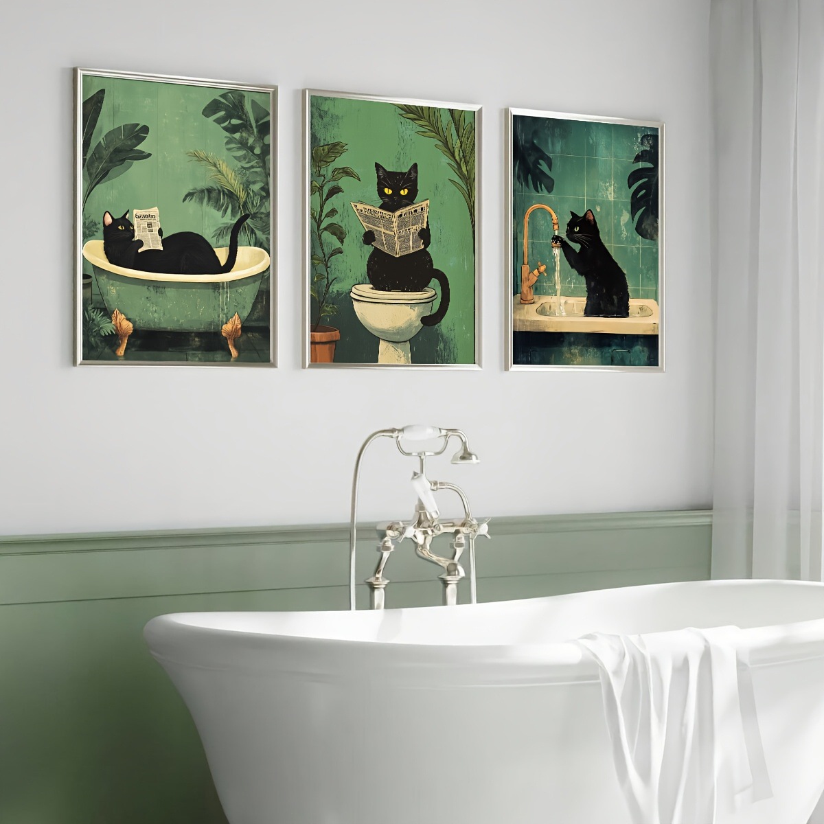 Retro Green Tropical Plant Black Cat Bathroom Toilet Toilet Decoration Frameless Hanging Painting Poster