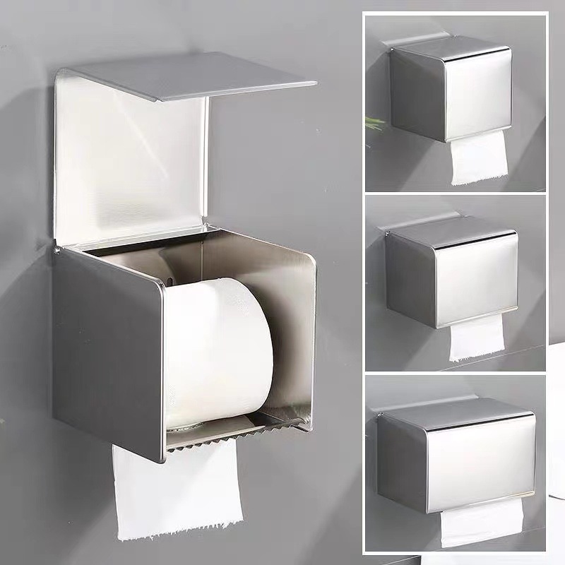 Factory Direct Sales 304 Stainless Steel Tissue Box Bathroom Storage Dual-Use Waterproof Tissue Box Thickeneded Square Roll Paper