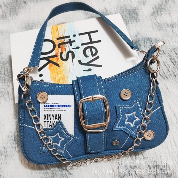 Y2K Millennium Star Denim Underarm Bag Button Decoration Fashion Trendy Niche Design Embroidered Canvas Tote Bag