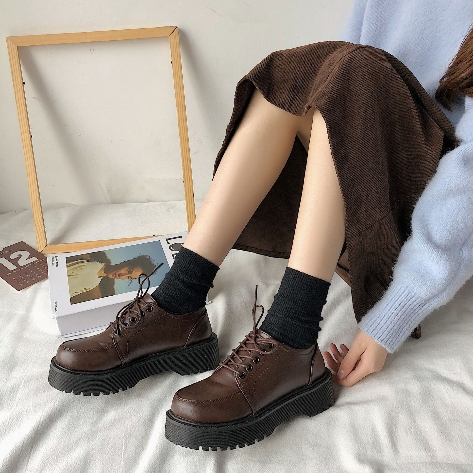 British Style Cloth Round Toe Shoes for Women 2025 New Thick-Soled Platform Front Lace-Up Uniform Jk Small Leather Shoes for Women Wholesale