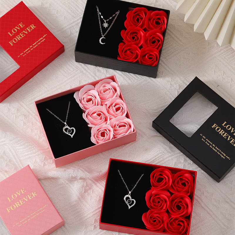 Creative Valentine's Day Gift Ring Necklace Rose Flower Jewelry Box Window Gift Box Window Soap Flower Jewelry Box