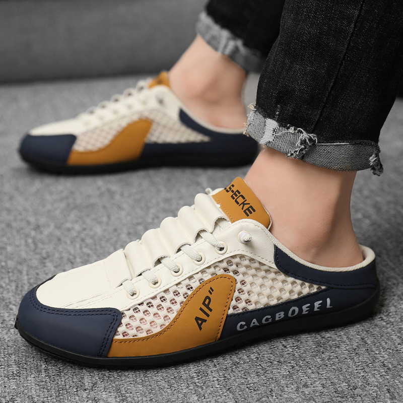 Cross-Border Large Size Baotou Half-Cup Shoes for Men Summer New Mesh Breathable Slip-On Slip-Ons Fashionable Breathable Mesh Shoes