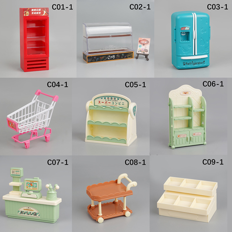 Мини искусственная маленькая мебель холодильник столовая тележка касса шоппинг тележка торт овощная полка двухсторонняя полка игрушки для домика