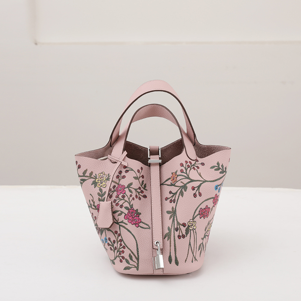 Top Layer Togo Cowhide Painted Vegetable Basket Women's Handbag Genuine Leather Leaf Women's Bucket Bag