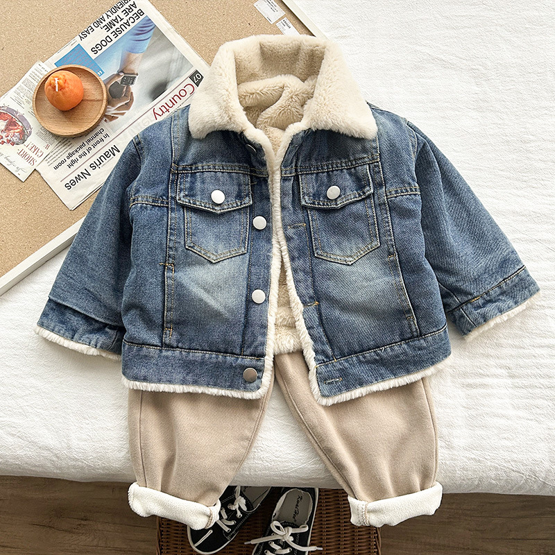 Children's Denim Jacket Fleece-Lined Autumn and Winter Baby New Product Girls Thickeneded Rabbit Fur Lapel Boys Jacket