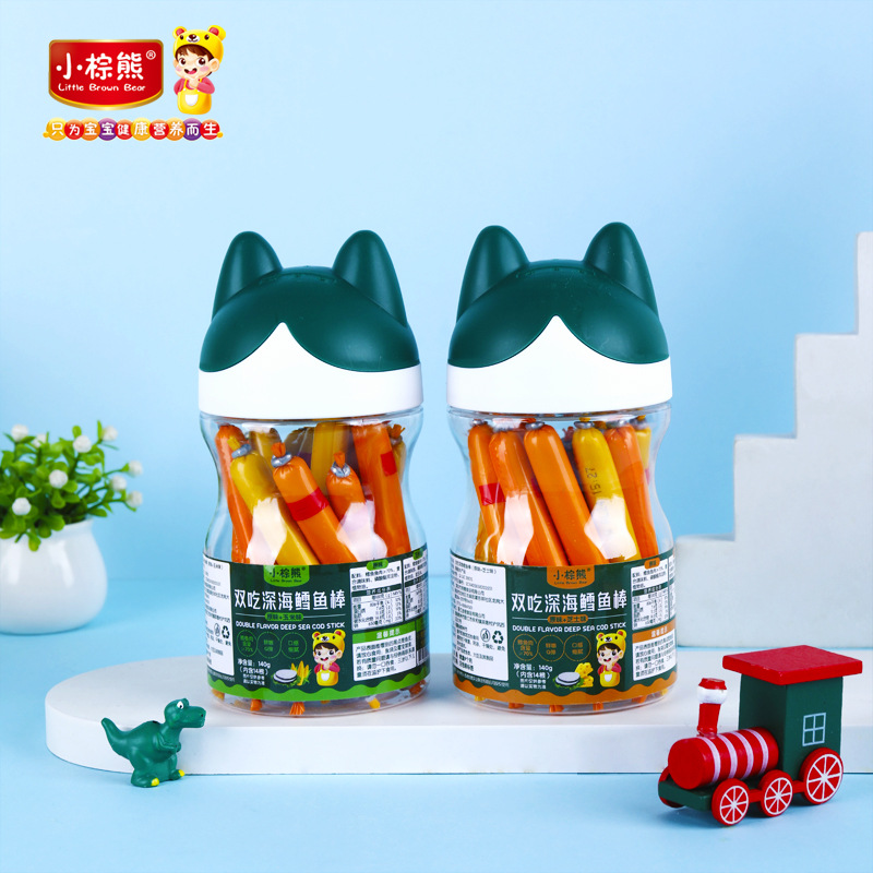 Little brown bear Hong Kong brand Double-eat deep sea cod sausage a can of two-flavor cod sticks 140g14 pieces