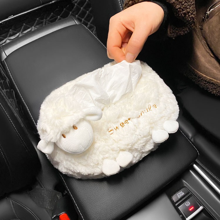 Internet Celebrity Cute Lamb Car Tissue Box Car Light Luxury High-end Decoration Accessories Hanging Decoration Car Tissue Box