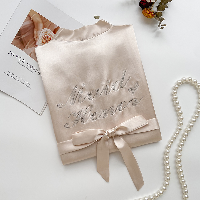 Cross-border Hot Rhinestone Morning Robe Bride Bridesmaid Group Ice Silk Hot Stamping Wedding High-end Pajamas Nightgown Women's Long Summer