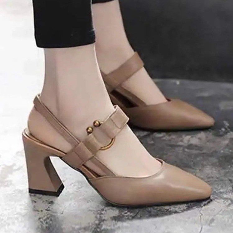 Summer new style back empty sandals women's casual square toe horseshoe heel chunky heel high heel fashion casual leather women's shoes wholesale