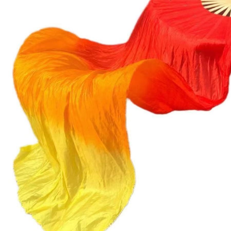 Длинный шелковый танцевальный веер, квадратный танцевальный веер, веер с градиентом из трех цветов, веер для танца живота, детский танцевальный веер