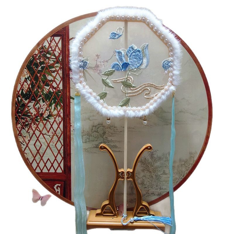 Winter Plush Round Fan, New Plush Long-Handled Round Fan, Han Dynasty Costume Photo Props