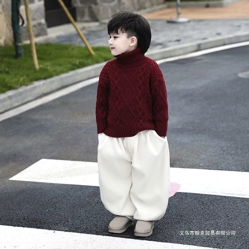Children's Sweater Boys Girls Thickened Autumn Winter Turtleneck Knitwear New Solid Color Cable Knit Baby Knit