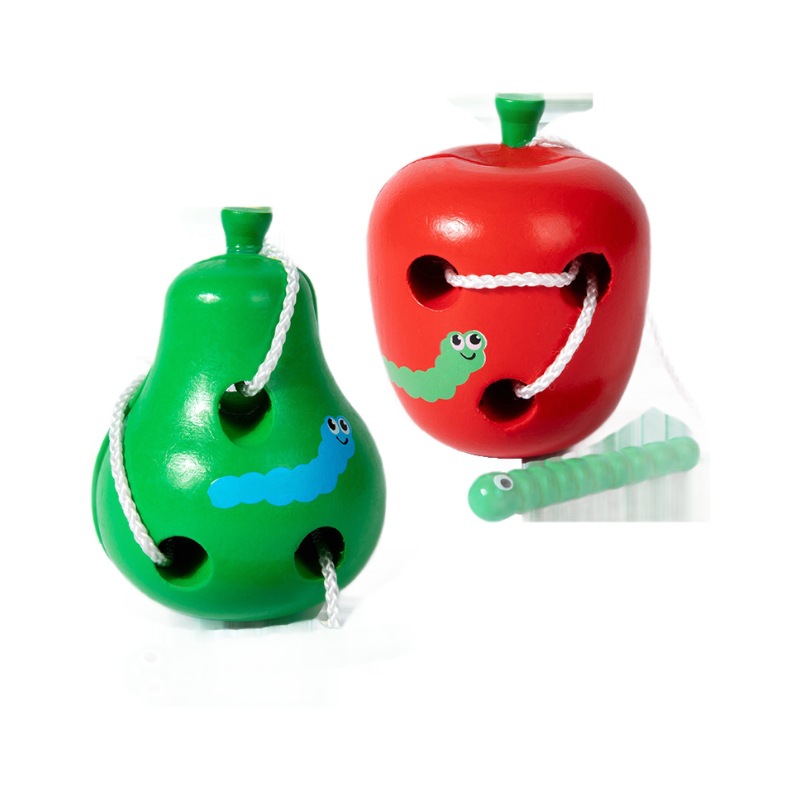 Factory direct insects eat fruit apple pear watermelon children's threading wooden toys mixed batch