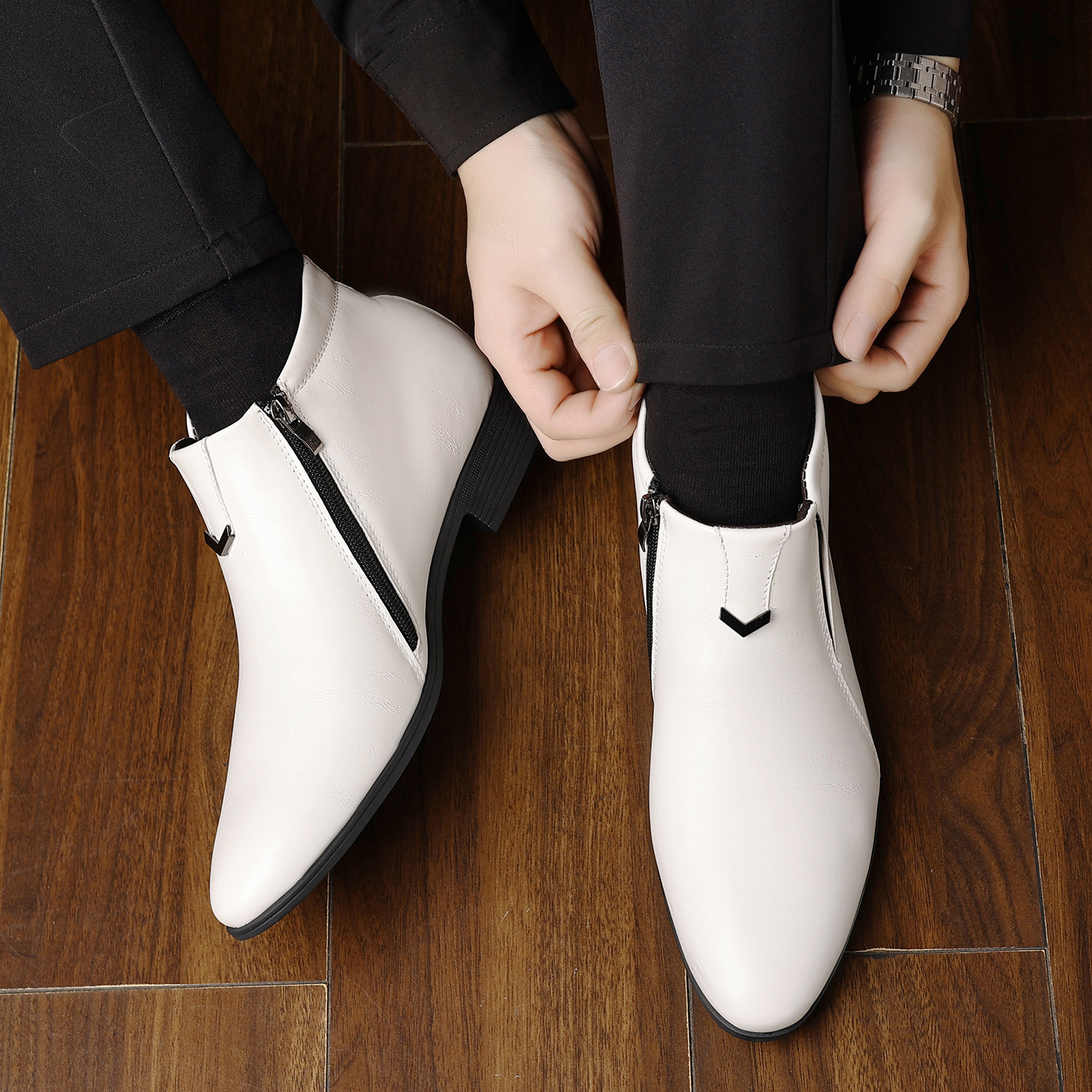 Aofu Shoes 6013 Men's Pointed Toe Daily Fashion Boots White Stripe Embossed Side Zipper Ankle Boots Leather Boots