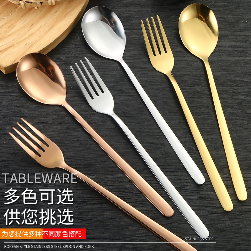 Korean-style Stainless Steel Spoon Fork Long-handle Spoon Fork Household Hotel Restaurant Dessert Bibimbap Spoon Cross-border Tableware suit