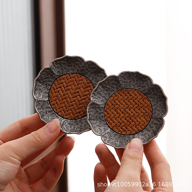 Chinese Antique Silver Alloy Tea Cup Mat Bamboo Mat Heat Insulated Tea Cup Cup Holder Saucer Kung Fu Tea Set Accessories with Storage Rack