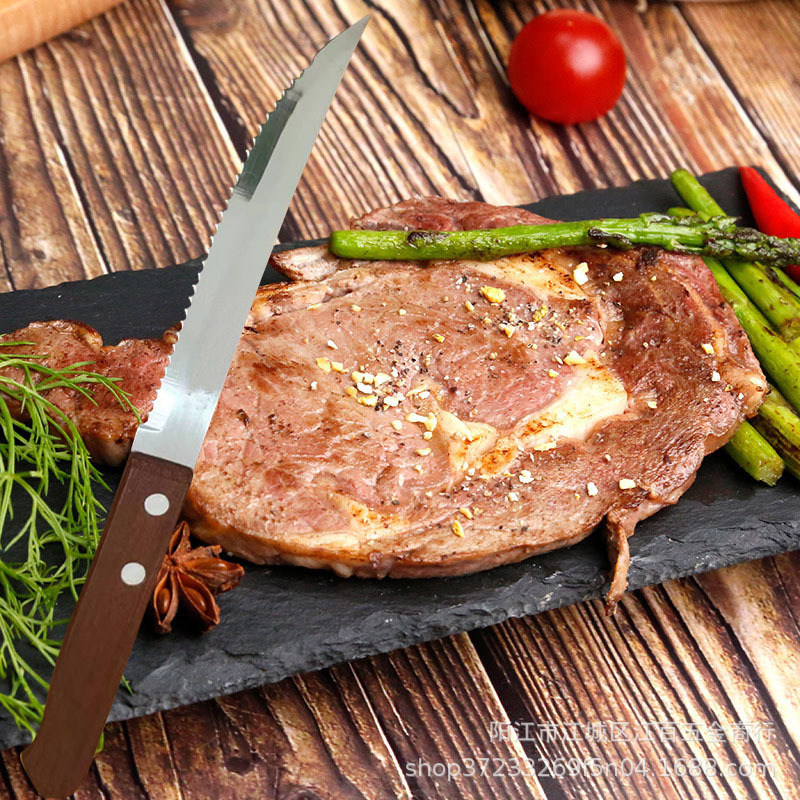 Factory in stock wooden handle steak knife household steak knife Western food knife stainless steel serrated knife bread fruit knife