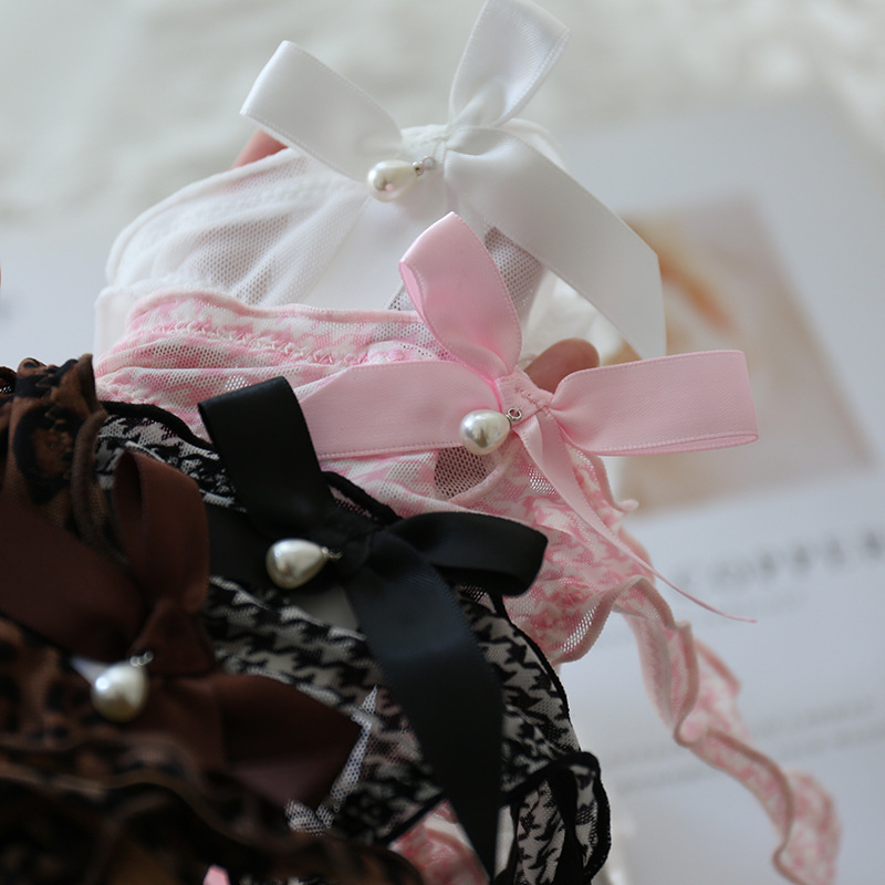 A431 mesh pearl thong girl cute hollow bow low waist panties sexy sweet leopard print